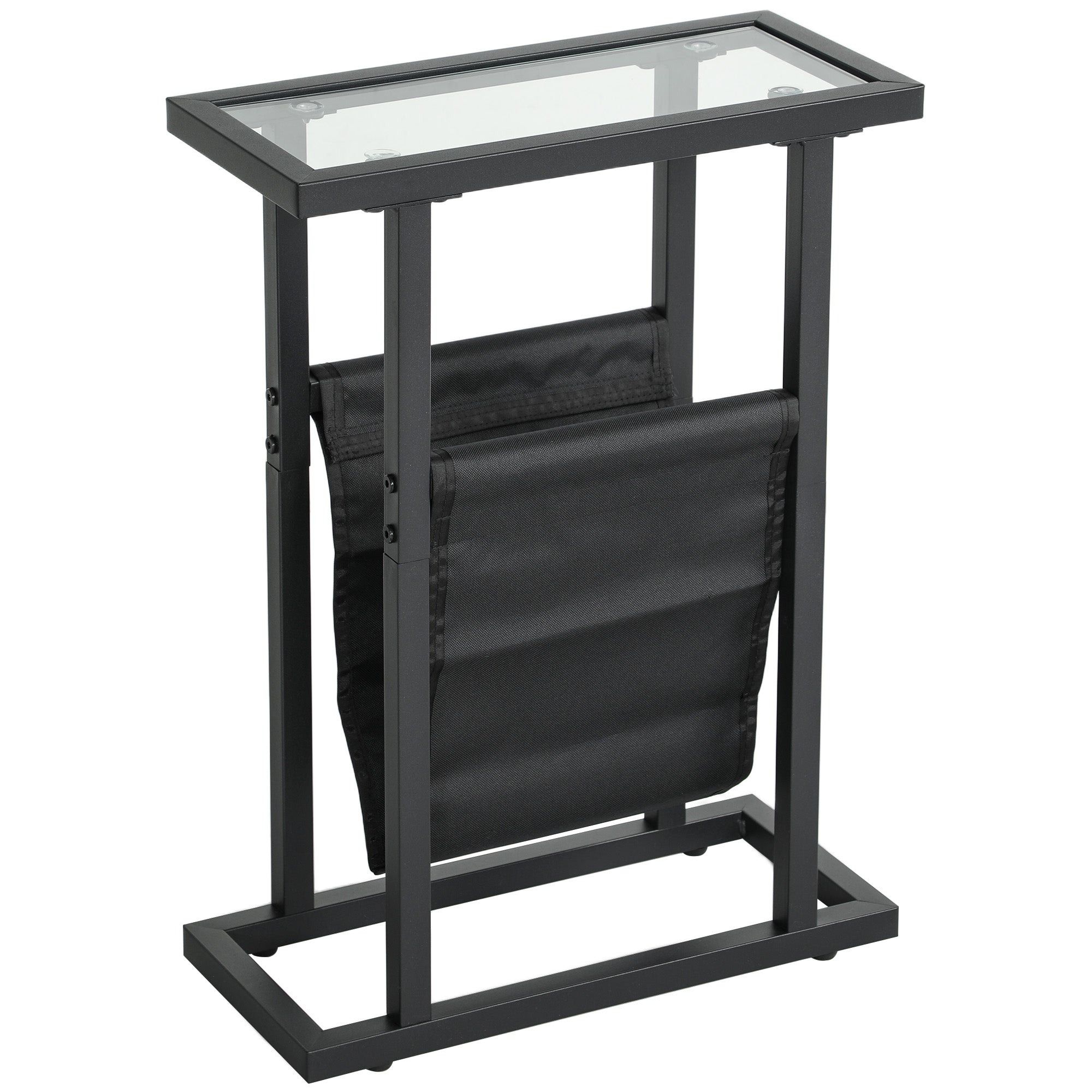 Side Table Nightstand with Fabric Basket, Glass Top, Coffee Table with Metal Legs, Living Room Sofa Table for Living Room Bedroom 40 x 18 x 55.5 cm Black