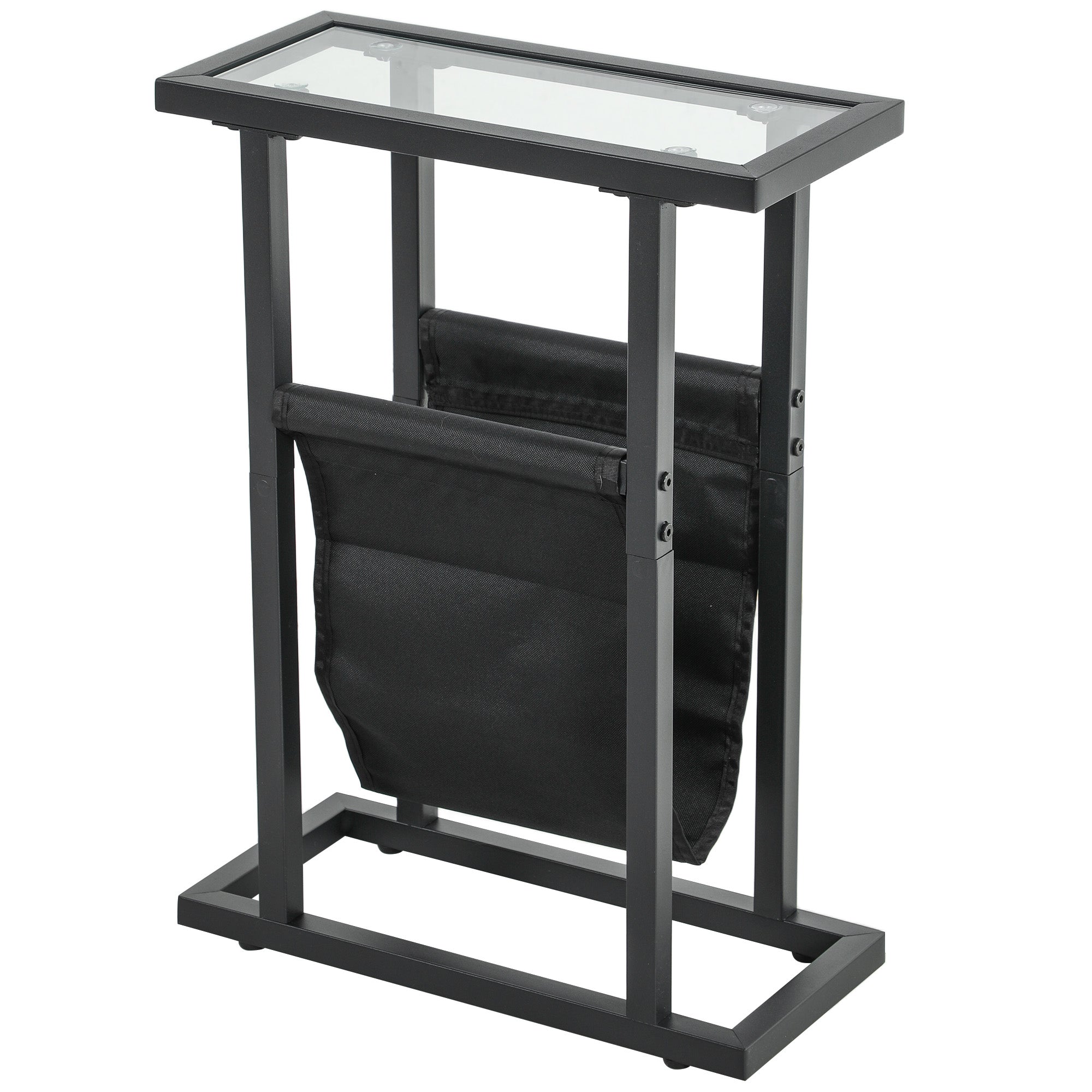 Side Table Nightstand with Fabric Basket, Glass Top, Coffee Table with Metal Legs, Living Room Sofa Table for Living Room Bedroom 40 x 18 x 55.5 cm Black