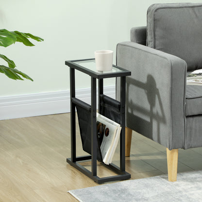 Side Table Nightstand with Fabric Basket, Glass Top, Coffee Table with Metal Legs, Living Room Sofa Table for Living Room Bedroom 40 x 18 x 55.5 cm Black