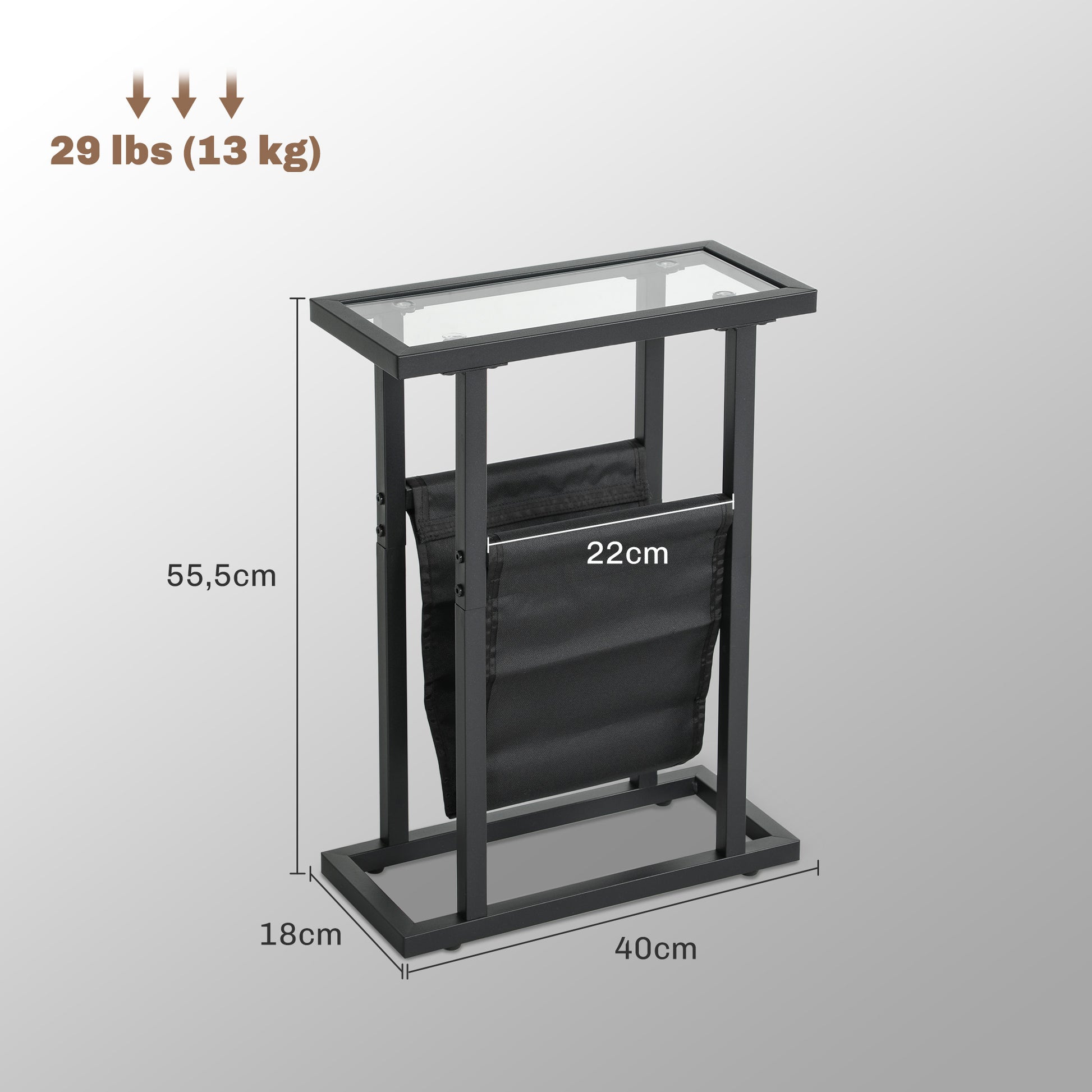 Side Table Nightstand with Fabric Basket, Glass Top, Coffee Table with Metal Legs, Living Room Sofa Table for Living Room Bedroom 40 x 18 x 55.5 cm Black