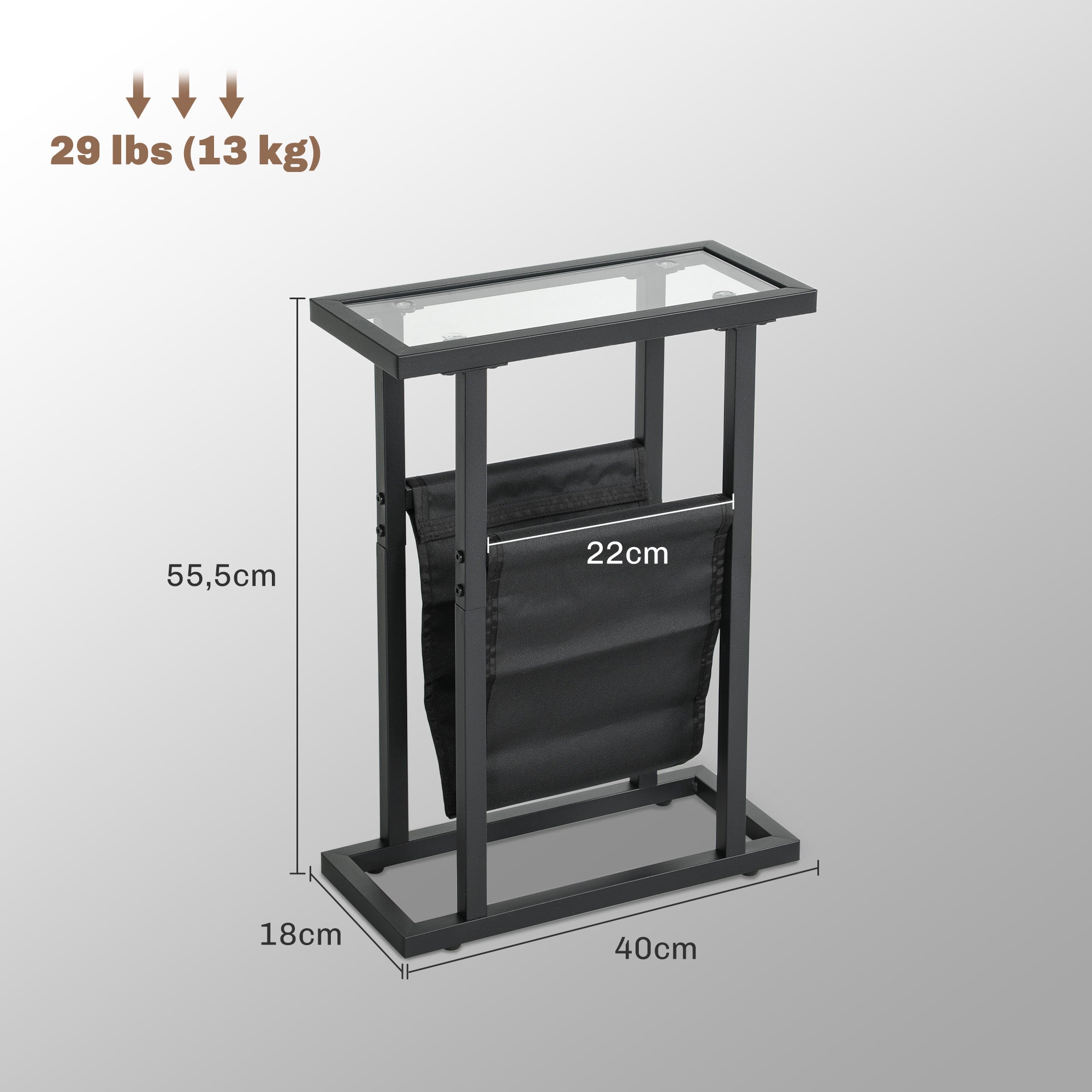 Side Table Nightstand with Fabric Basket, Glass Top, Coffee Table with Metal Legs, Living Room Sofa Table for Living Room Bedroom 40 x 18 x 55.5 cm Black