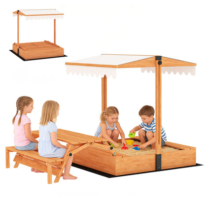 Wooden Kids Sandbox with Adjustable Canopy, Foldable Picnic Table & Benches, Cover, Seats 6 (Ages 3–8), for Yard & Garden, 72.4×43.3×47.2 in (184×110×120 cm), Brown
