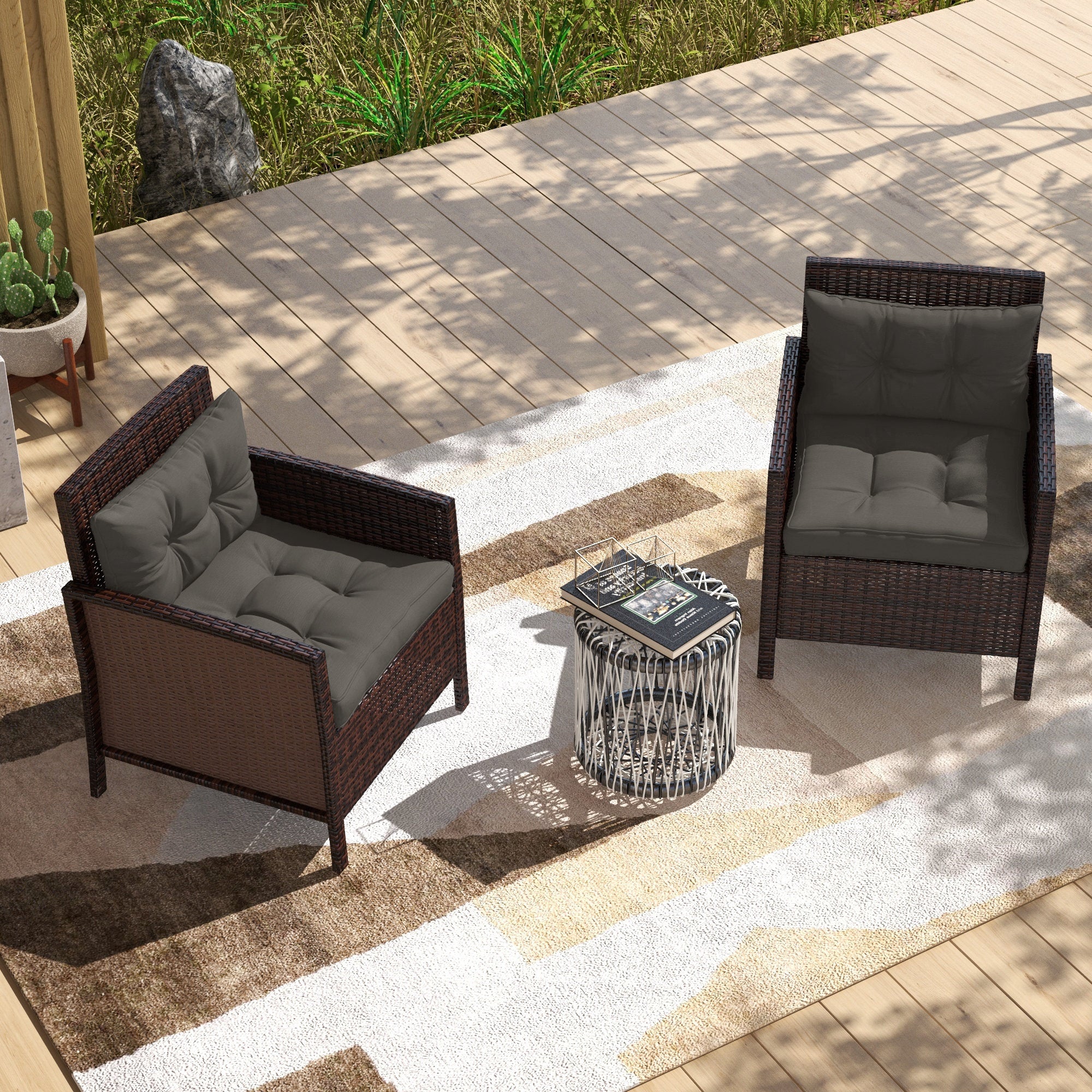 Set of 4 Garden Cushions with 2 Seat Cushions and 2 Back Cushions, Tufted Style, Polyester, Anthracite Gray