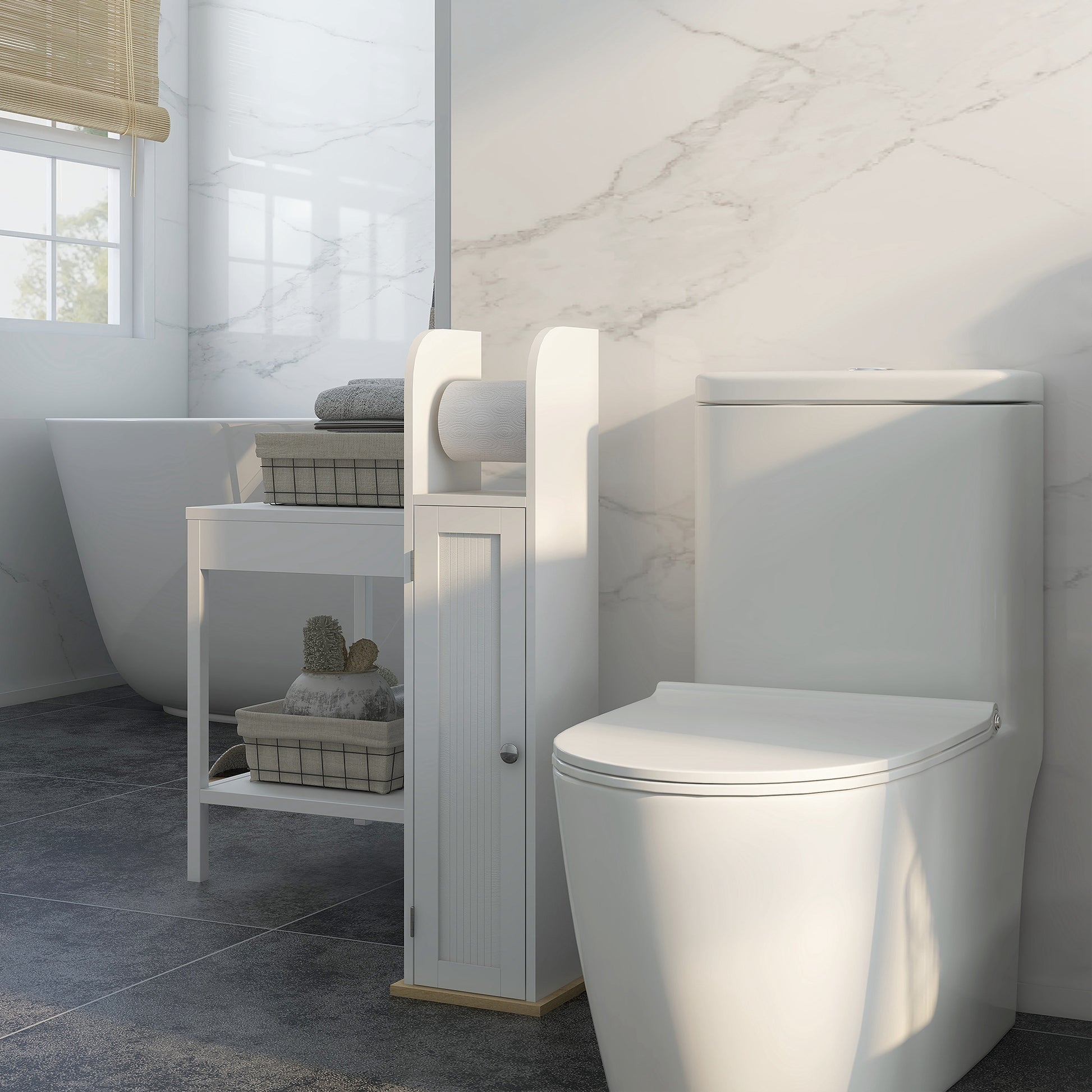 Bathroom Auxiliary Furniture Bathroom Column Bathroom Floor Cabinet with Adjustable Shelves and Toilet Paper Holder 20x20x80 cm White