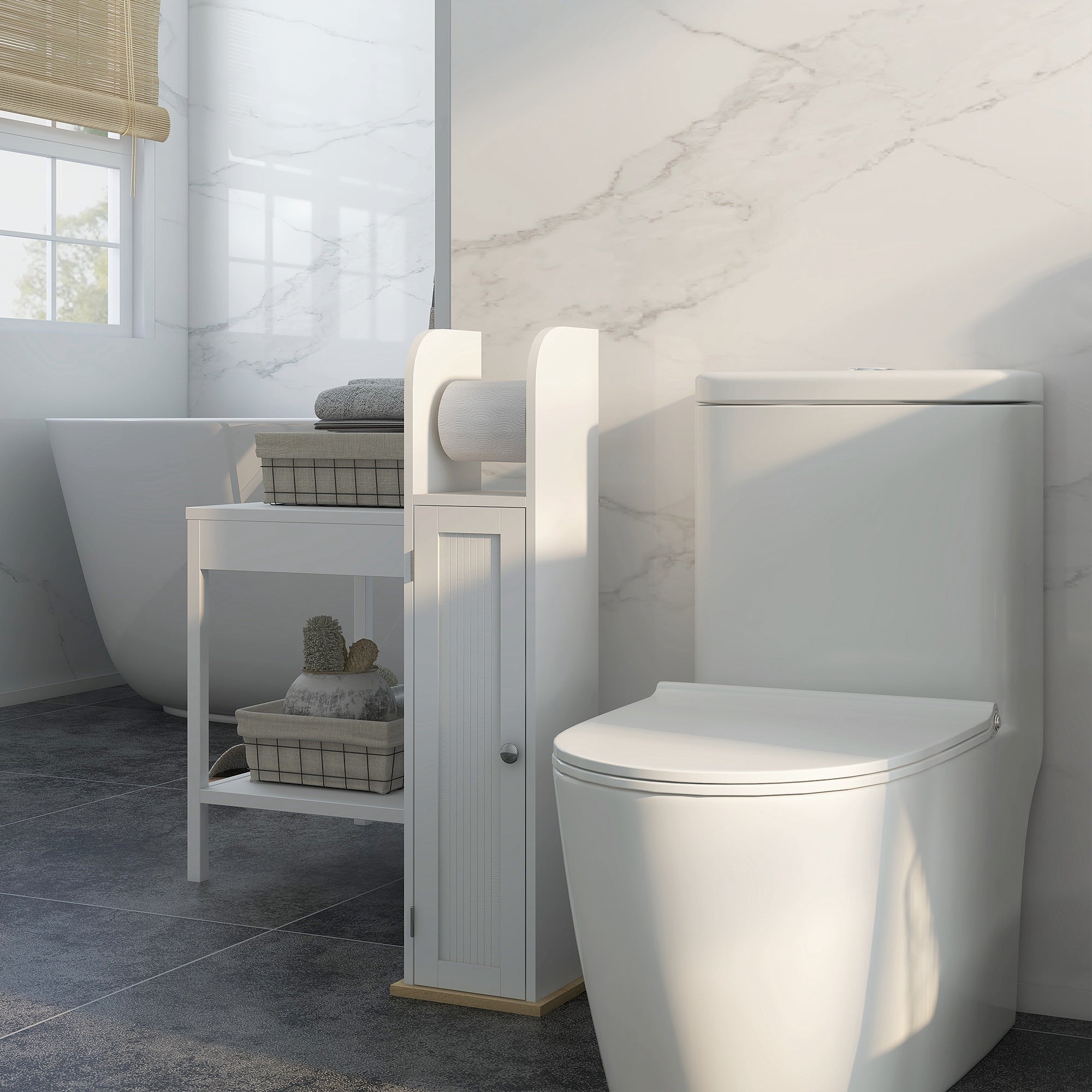 Bathroom Auxiliary Furniture Bathroom Column Bathroom Floor Cabinet with Adjustable Shelves and Toilet Paper Holder 20x20x80 cm White