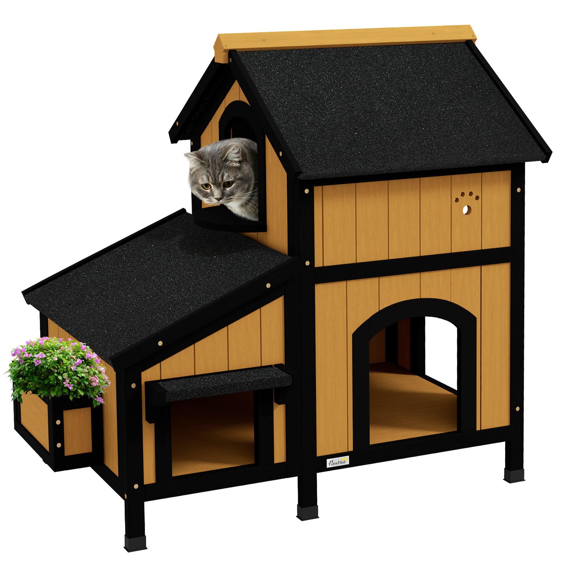 Cat House, Pine Wood, Cat Shelter with Multiple Entrances, 2 Floors, Cat Cave for Outdoors, Small Pet House with Asphalt Roof, Flower Box, Winter-Proof, Elevated Design, Yellow, 96 x 65 x 85.5 cm