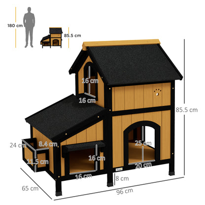 Cat House, Pine Wood, Cat Shelter with Multiple Entrances, 2 Floors, Cat Cave for Outdoors, Small Pet House with Asphalt Roof, Flower Box, Winter-Proof, Elevated Design, Yellow, 96 x 65 x 85.5 cm
