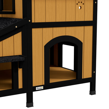 Cat House, Pine Wood, Cat Shelter with Multiple Entrances, 2 Floors, Cat Cave for Outdoors, Small Pet House with Asphalt Roof, Flower Box, Winter-Proof, Elevated Design, Yellow, 96 x 65 x 85.5 cm