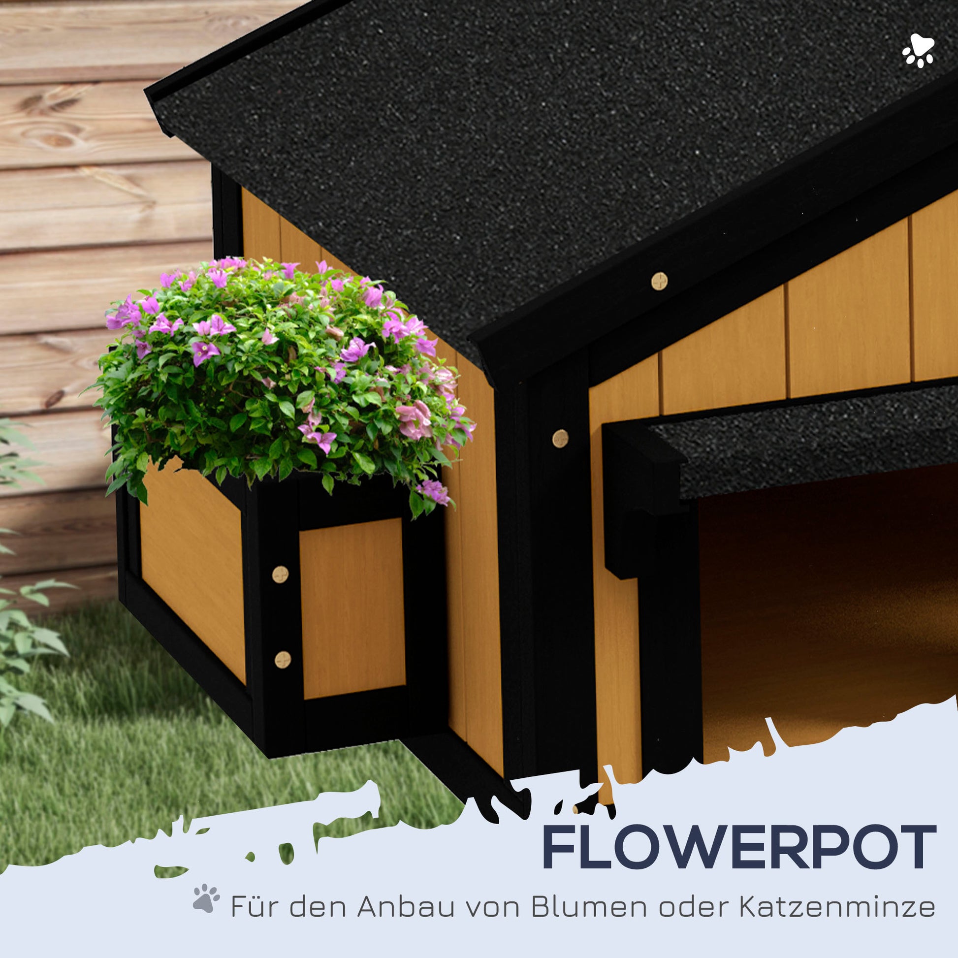 Cat House, Pine Wood, Cat Shelter with Multiple Entrances, 2 Floors, Cat Cave for Outdoors, Small Pet House with Asphalt Roof, Flower Box, Winter-Proof, Elevated Design, Yellow, 96 x 65 x 85.5 cm