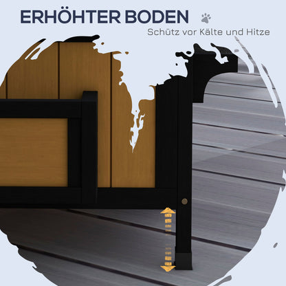 Cat House, Pine Wood, Cat Shelter with Multiple Entrances, 2 Floors, Cat Cave for Outdoors, Small Pet House with Asphalt Roof, Flower Box, Winter-Proof, Elevated Design, Yellow, 96 x 65 x 85.5 cm