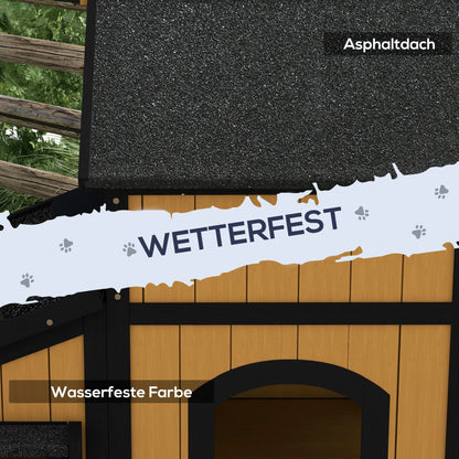 Cat House, Pine Wood, Cat Shelter with Multiple Entrances, 2 Floors, Cat Cave for Outdoors, Small Pet House with Asphalt Roof, Flower Box, Winter-Proof, Elevated Design, Yellow, 96 x 65 x 85.5 cm