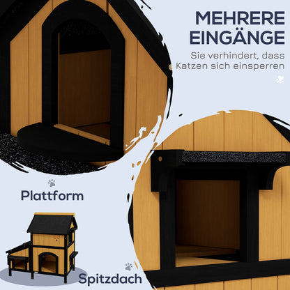 Cat House, Pine Wood, Cat Shelter with Multiple Entrances, 2 Floors, Cat Cave for Outdoors, Small Pet House with Asphalt Roof, Flower Box, Winter-Proof, Elevated Design, Yellow, 96 x 65 x 85.5 cm