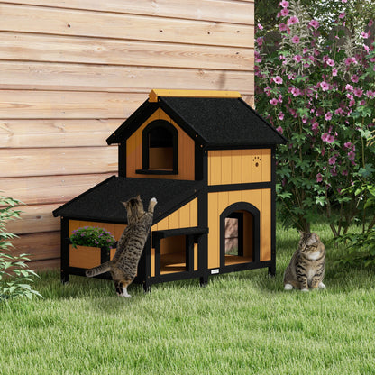 Cat House, Pine Wood, Cat Shelter with Multiple Entrances, 2 Floors, Cat Cave for Outdoors, Small Pet House with Asphalt Roof, Flower Box, Winter-Proof, Elevated Design, Yellow, 96 x 65 x 85.5 cm