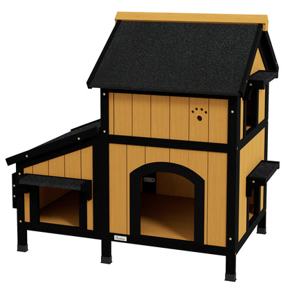 Cat House, Pine Wood, Cat Shelter with Multiple Entrances, 2 Floors, Cat Cave for Outdoors, Small Pet House with Asphalt Roof, Flower Box, Winter-Proof, Elevated Design, Yellow, 96 x 65 x 85.5 cm