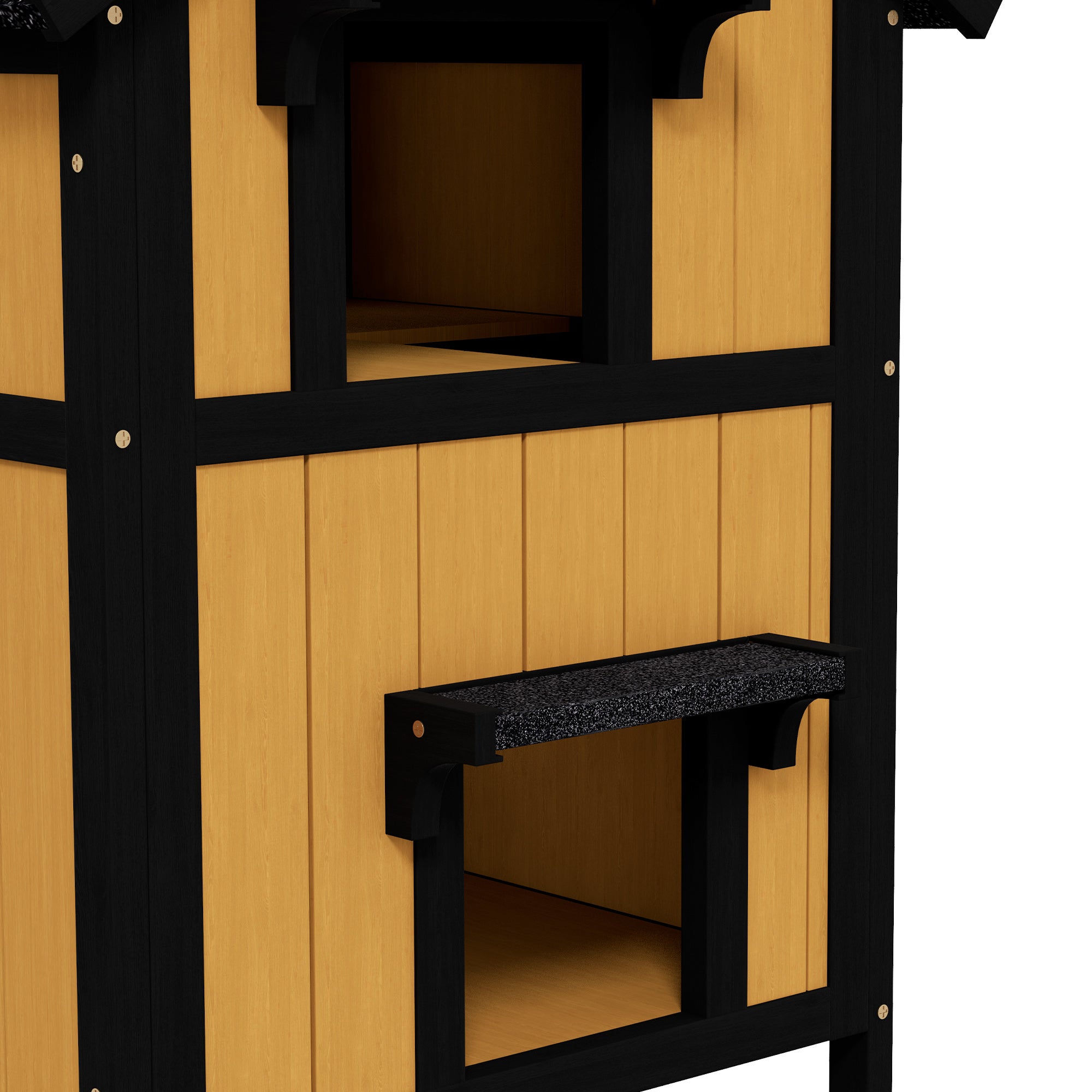 Cat House, Pine Wood, Cat Shelter with Multiple Entrances, 2 Floors, Cat Cave for Outdoors, Small Pet House with Asphalt Roof, Flower Box, Winter-Proof, Elevated Design, Yellow, 96 x 65 x 85.5 cm
