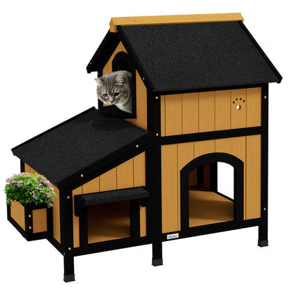 Cat House, Pine Wood, Cat Shelter with Multiple Entrances, 2 Floors, Cat Cave for Outdoors, Small Pet House with Asphalt Roof, Flower Box, Winter-Proof, Elevated Design, Yellow, 96 x 65 x 85.5 cm