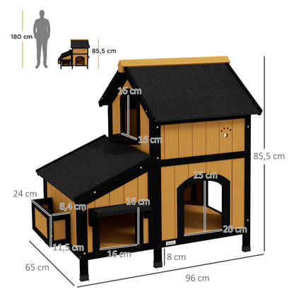 Cat House, Pine Wood, Cat Shelter with Multiple Entrances, 2 Floors, Cat Cave for Outdoors, Small Pet House with Asphalt Roof, Flower Box, Winter-Proof, Elevated Design, Yellow, 96 x 65 x 85.5 cm