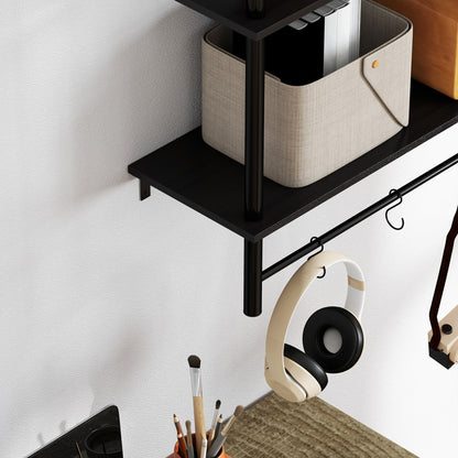 2-Tier Wall Shelf Floating Wall Shelves with 4 Hooks, 2 Shelves, and Steel Frame for Entryway Living Room Bedroom 80x24x65 cm Black