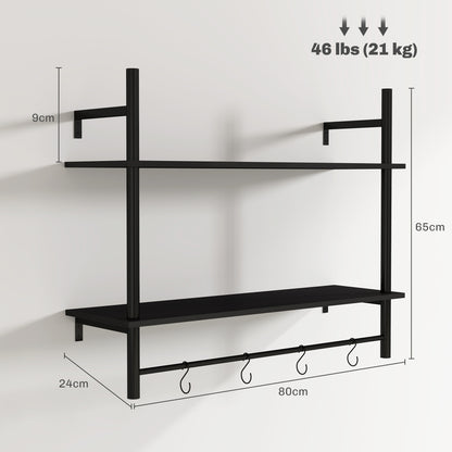 2-Tier Wall Shelf Floating Wall Shelves with 4 Hooks, 2 Shelves, and Steel Frame for Entryway Living Room Bedroom 80x24x65 cm Black