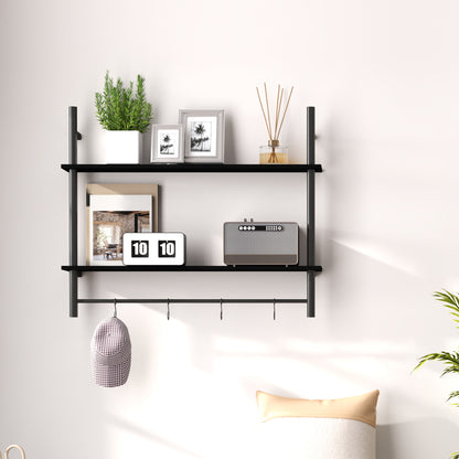 2-Tier Wall Shelf Floating Wall Shelves with 4 Hooks, 2 Shelves, and Steel Frame for Entryway Living Room Bedroom 80x24x65 cm Black