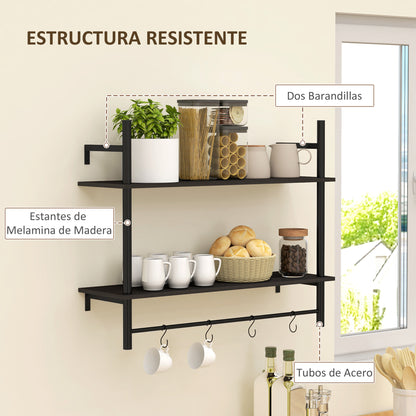 2-Tier Wall Shelf Floating Wall Shelves with 4 Hooks, 2 Shelves, and Steel Frame for Entryway Living Room Bedroom 80x24x65 cm Black