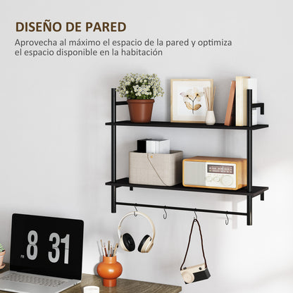 2-Tier Wall Shelf Floating Wall Shelves with 4 Hooks, 2 Shelves, and Steel Frame for Entryway Living Room Bedroom 80x24x65 cm Black