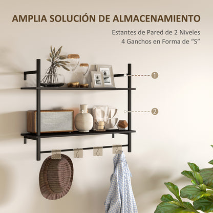 2-Tier Wall Shelf Floating Wall Shelves with 4 Hooks, 2 Shelves, and Steel Frame for Entryway Living Room Bedroom 80x24x65 cm Black