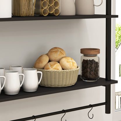 2-Tier Wall Shelf Floating Wall Shelves with 4 Hooks, 2 Shelves, and Steel Frame for Entryway Living Room Bedroom 80x24x65 cm Black