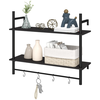 2-Tier Wall Shelf Floating Wall Shelves with 4 Hooks, 2 Shelves, and Steel Frame for Entryway Living Room Bedroom 80x24x65 cm Black
