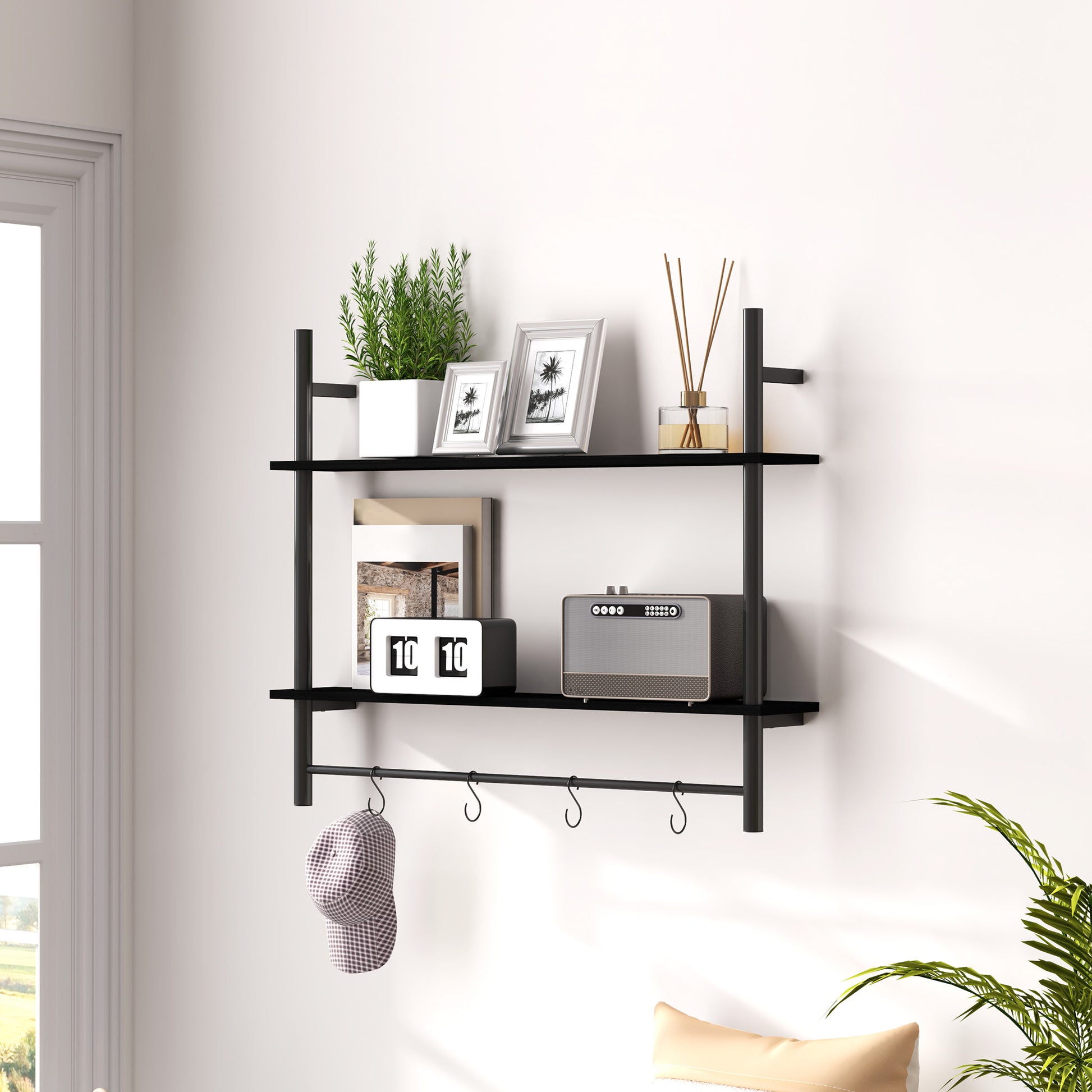 2-Tier Wall Shelf Floating Wall Shelves with 4 Hooks, 2 Shelves, and Steel Frame for Entryway Living Room Bedroom 80x24x65 cm Black