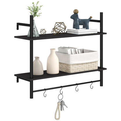 2-Tier Wall Shelf Floating Wall Shelves with 4 Hooks, 2 Shelves, and Steel Frame for Entryway Living Room Bedroom 80x24x65 cm Black