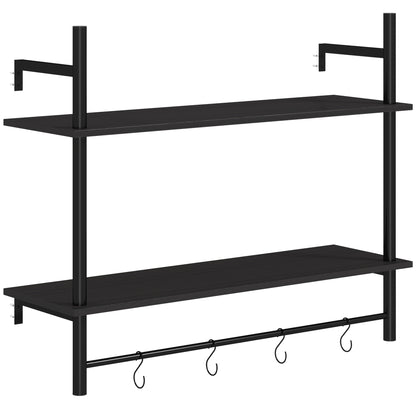 2-Tier Wall Shelf Floating Wall Shelves with 4 Hooks, 2 Shelves, and Steel Frame for Entryway Living Room Bedroom 80x24x65 cm Black