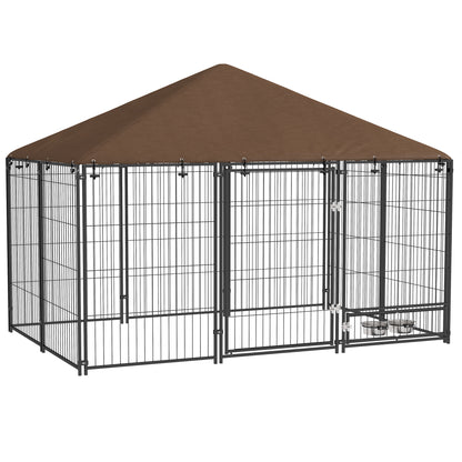 Metal Outdoor Dog Playpen with Canopy and Rotating Feeder Bowls 2 Bowls for Patio Garden Terrace 211x141x151 cm Black