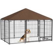 Metal Outdoor Dog Playpen with Canopy and Rotating Feeder Bowls 2 Bowls for Patio Garden Terrace 211x141x151 cm Black