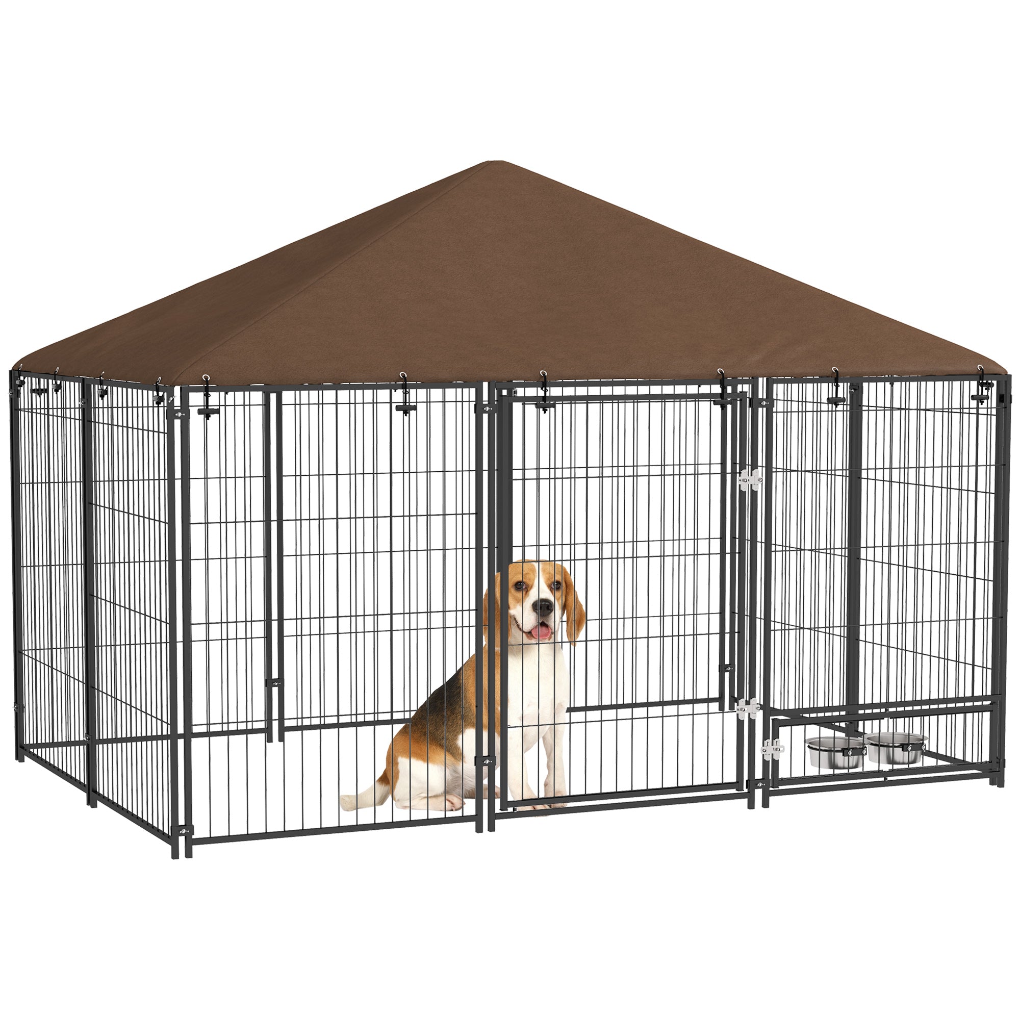 Metal Outdoor Dog Playpen with Canopy and Rotating Feeder Bowls 2 Bowls for Patio Garden Terrace 211x141x151 cm Black