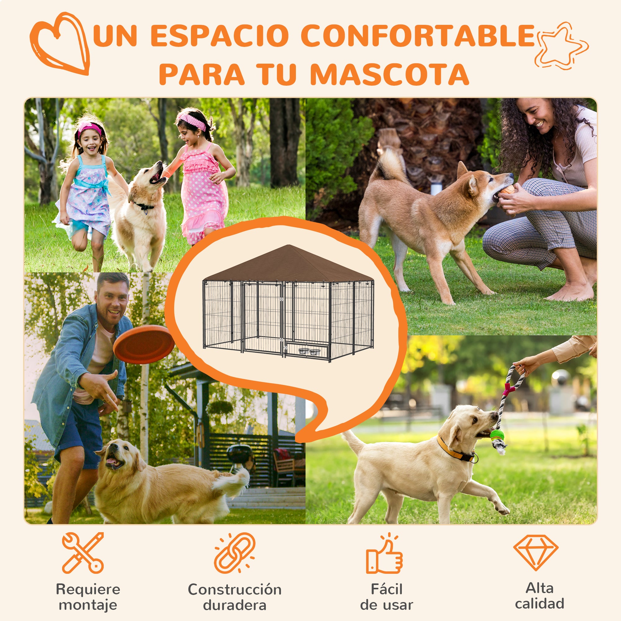 Metal Outdoor Dog Playpen with Canopy and Rotating Feeder Bowls 2 Bowls for Patio Garden Terrace 211x141x151 cm Black
