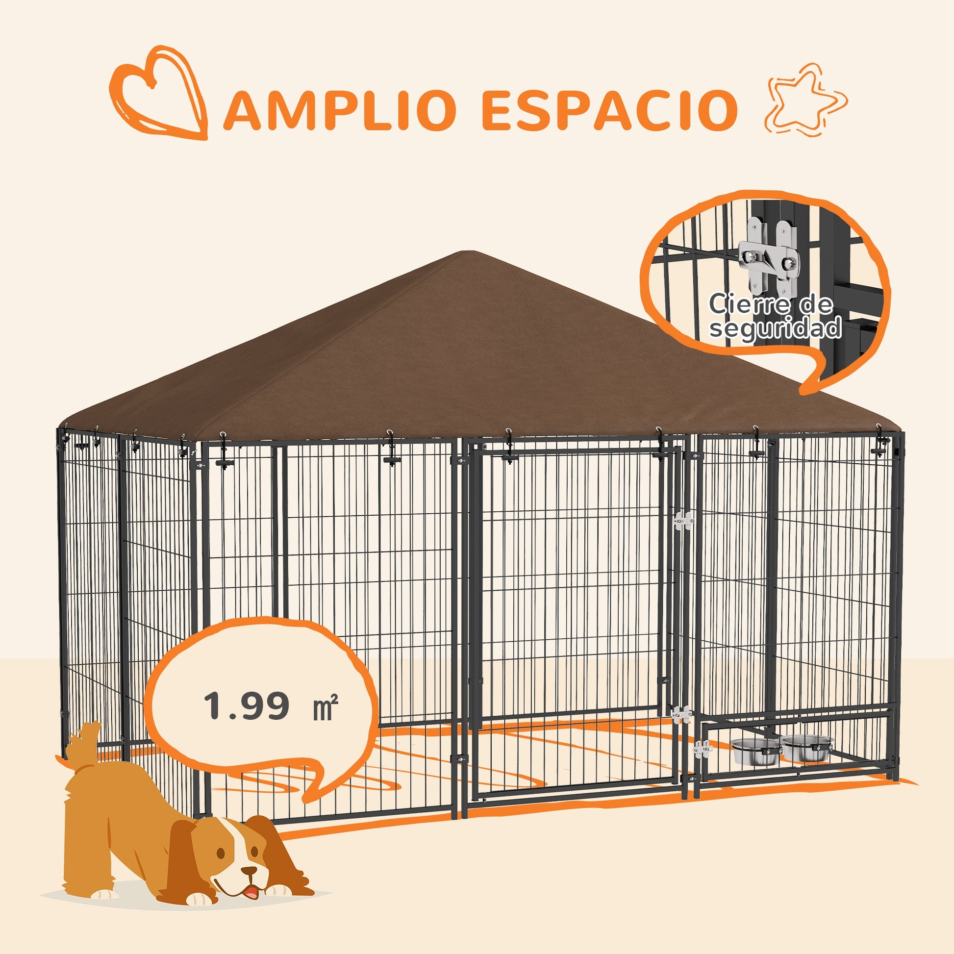Metal Outdoor Dog Playpen with Canopy and Rotating Feeder Bowls 2 Bowls for Patio Garden Terrace 211x141x151 cm Black