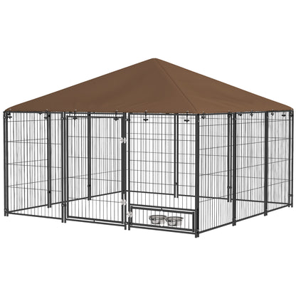 Metal Outdoor Dog Playpen with Canopy and Rotating Feeder Bowls 2 Bowls for Patio Garden Terrace 211x141x151 cm Black