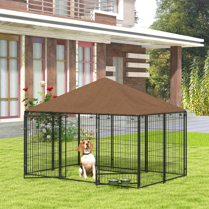 Metal Outdoor Dog Playpen with Canopy and Rotating Feeder Bowls 2 Bowls for Patio Garden Terrace 211x141x151 cm Black