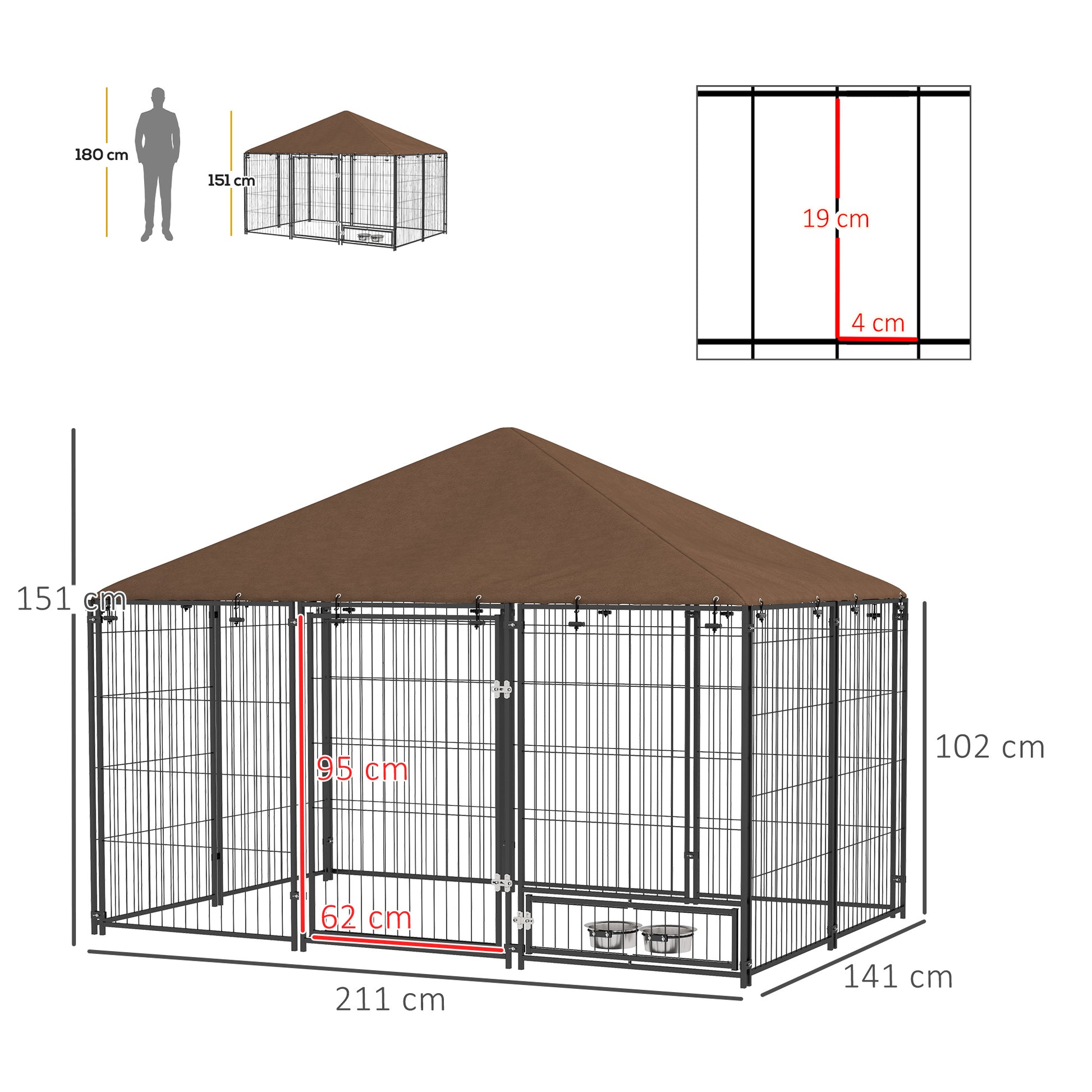 Metal Outdoor Dog Playpen with Canopy and Rotating Feeder Bowls 2 Bowls for Patio Garden Terrace 211x141x151 cm Black
