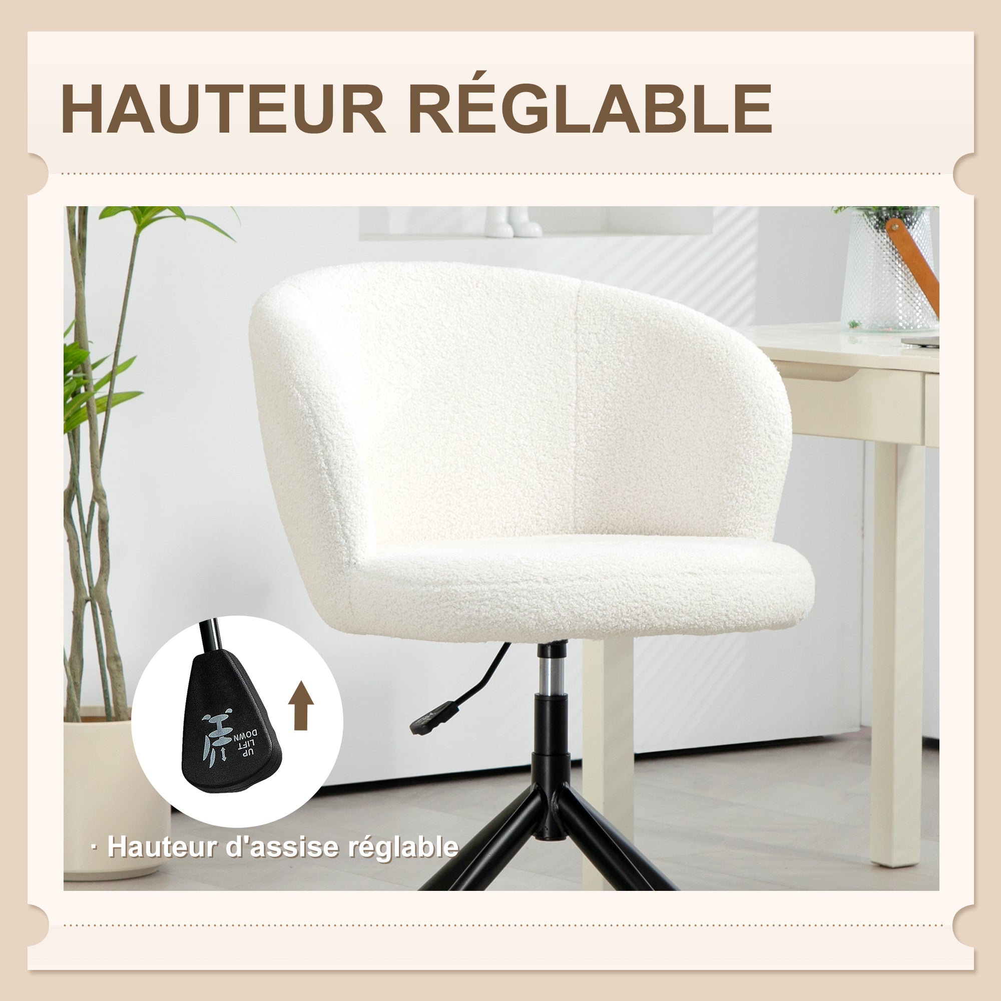 Ergonomic Office Chair, Desk Chair, Swivel Chair, Adjustable Height, 120 kg Capacity, Fabric Bouclé Upholstery for Living Room, Bedroom, Office, White