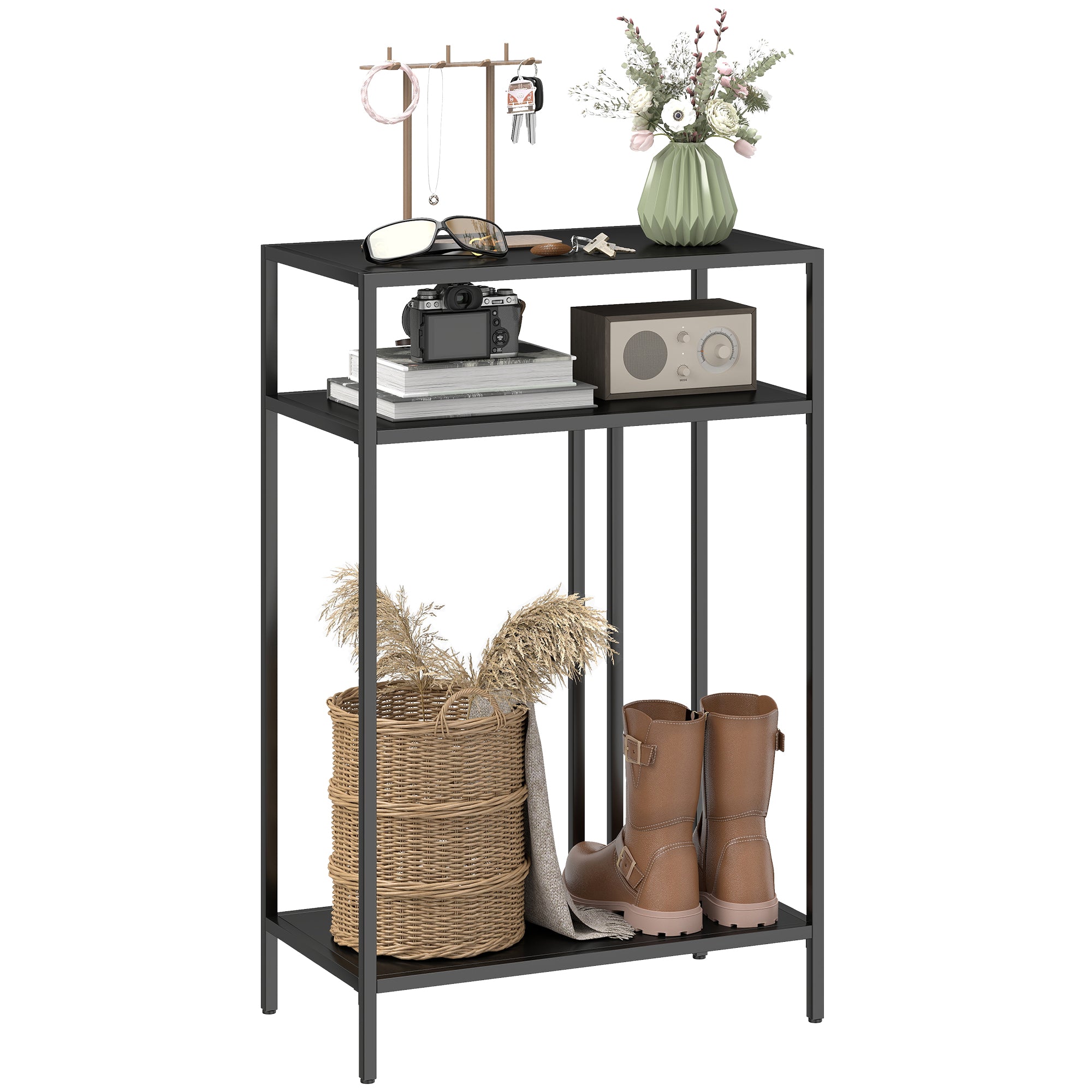 Narrow Console Table with 3 Tiers, Industrial Metal Side Table for Living Room & Hallway, 55 x 30 x 85 cm (21.7 x 11.8 x 33.5 in), Black