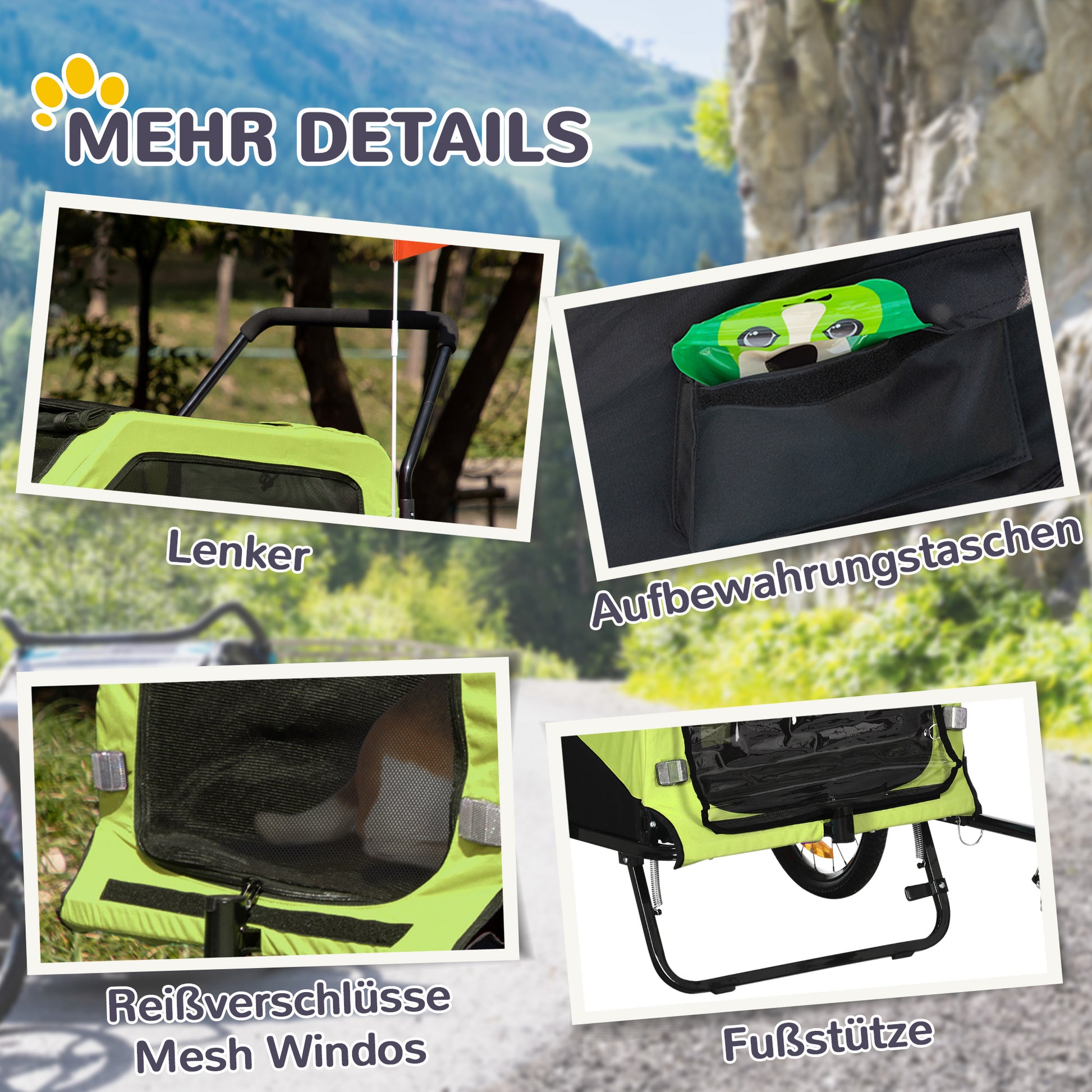 2-in-1 Dog Trailer, Bicycle Trailer for Dogs, Dog Wagon with Reflectors, Dog Buggy max. 30 kg, Dog Bike Trailer for Large Dogs, Oxford Fabric, Green