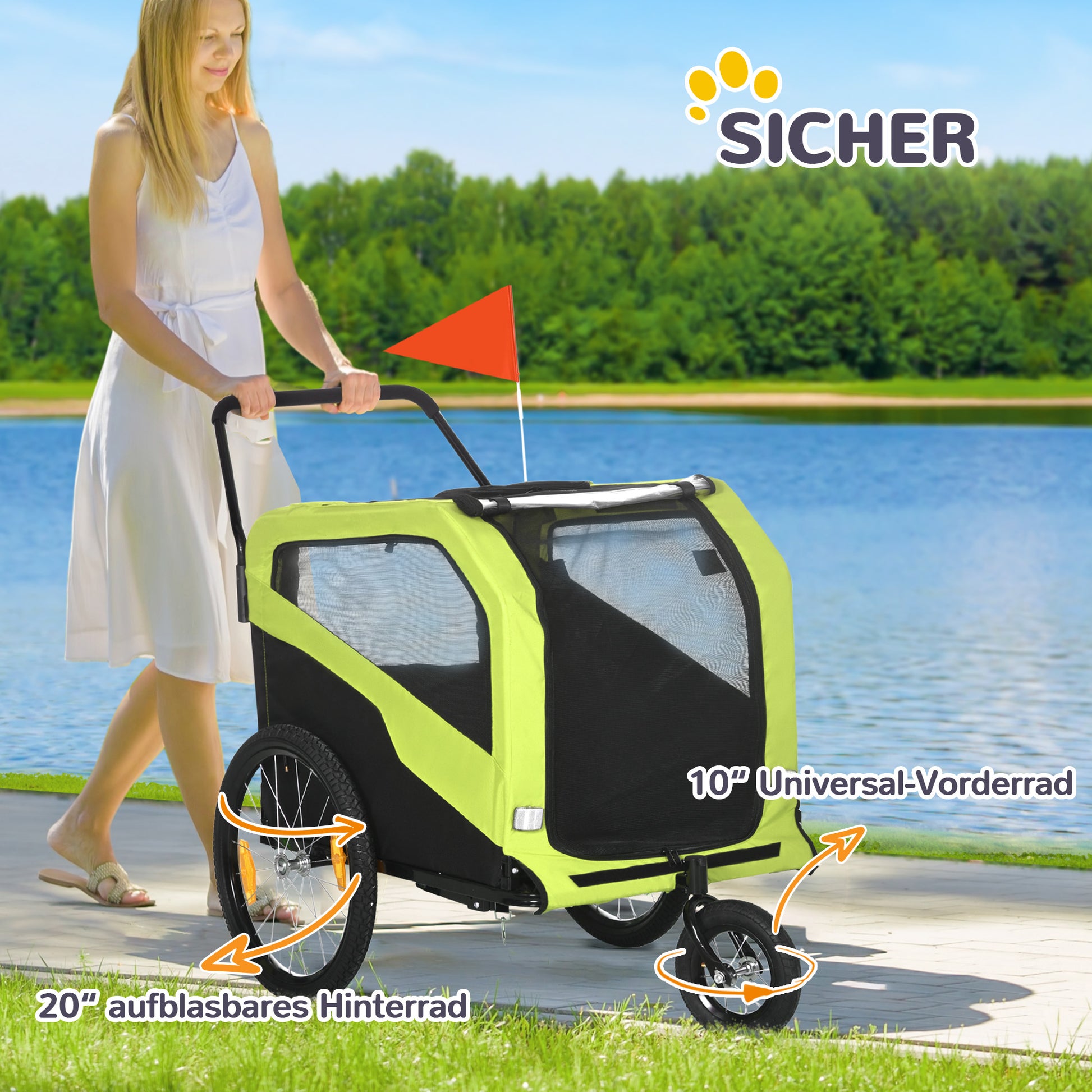 2-in-1 Dog Trailer, Bicycle Trailer for Dogs, Dog Wagon with Reflectors, Dog Buggy max. 30 kg, Dog Bike Trailer for Large Dogs, Oxford Fabric, Green