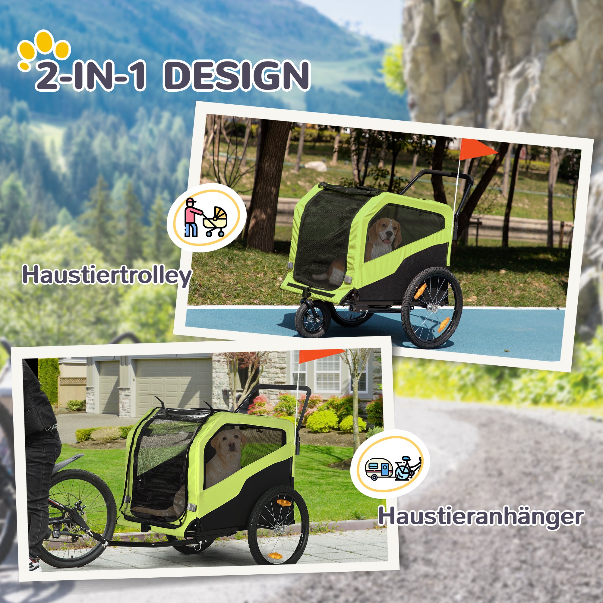 2-in-1 Dog Trailer, Bicycle Trailer for Dogs, Dog Wagon with Reflectors, Dog Buggy max. 30 kg, Dog Bike Trailer for Large Dogs, Oxford Fabric, Green