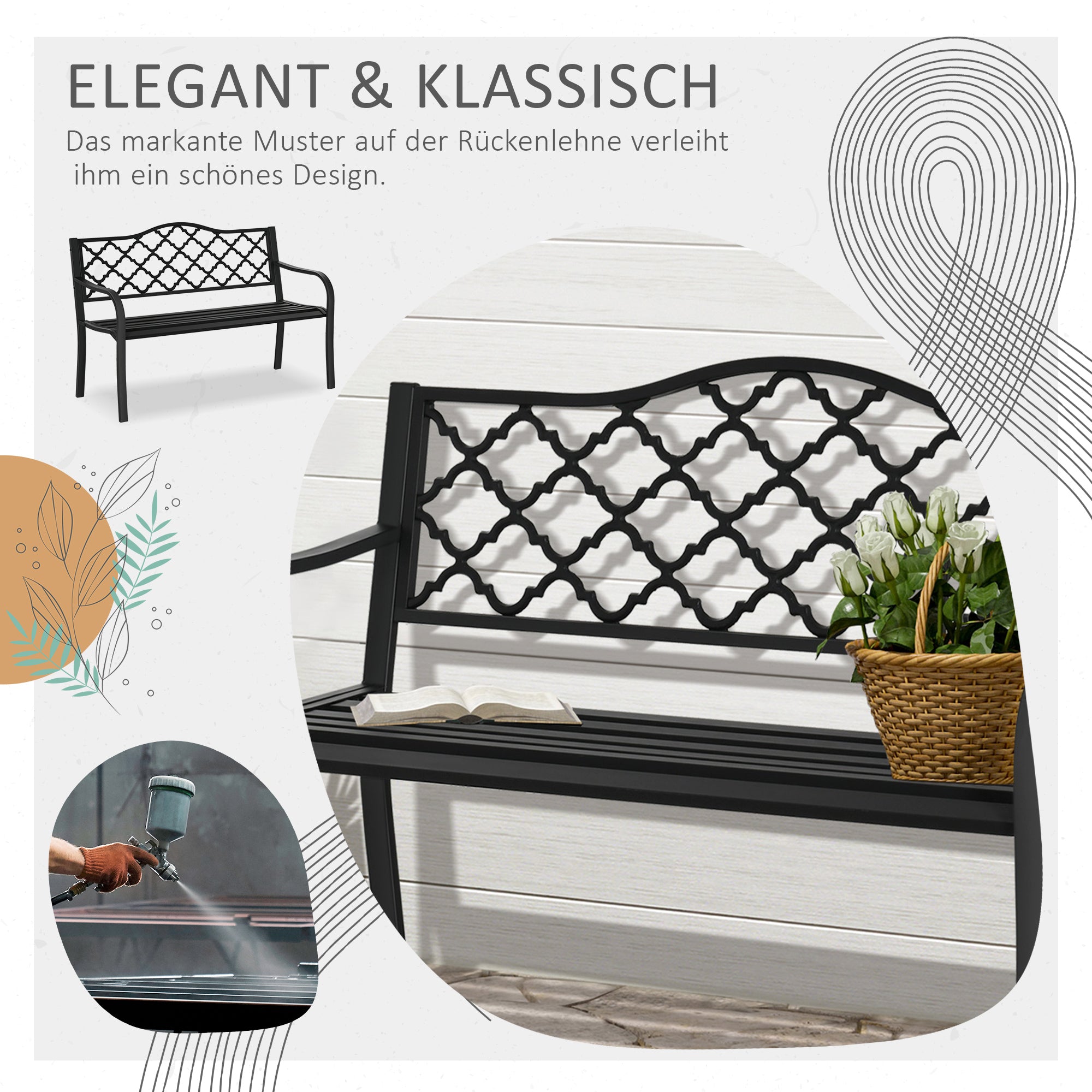 2-Seater Garden Bench Park Bench made of Metal Bench up to 240 kg Bench Terrace Bench with Backrest & Armrests Garden Furniture Cast Iron Black 128 x 58.5 x 89 cm