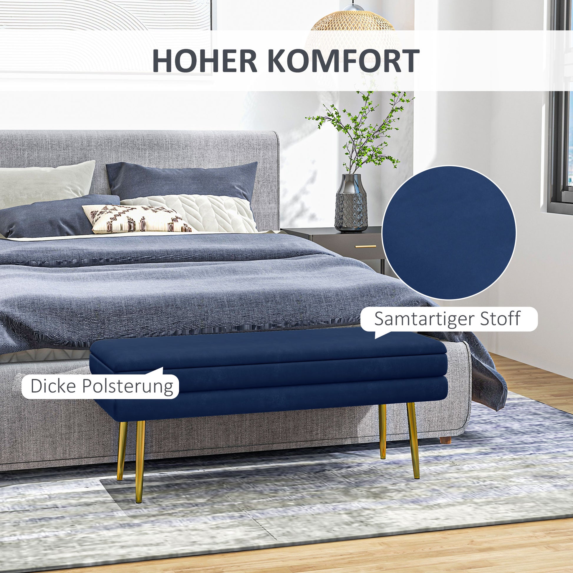 Storage Bench, Padded Bench with Storage Space, Velvet Look, Bed Bench with Steel Legs, Shoe Bench, Storage Bench for Living Room, Bedroom, Blue, 100 x 37.5 x 42 cm