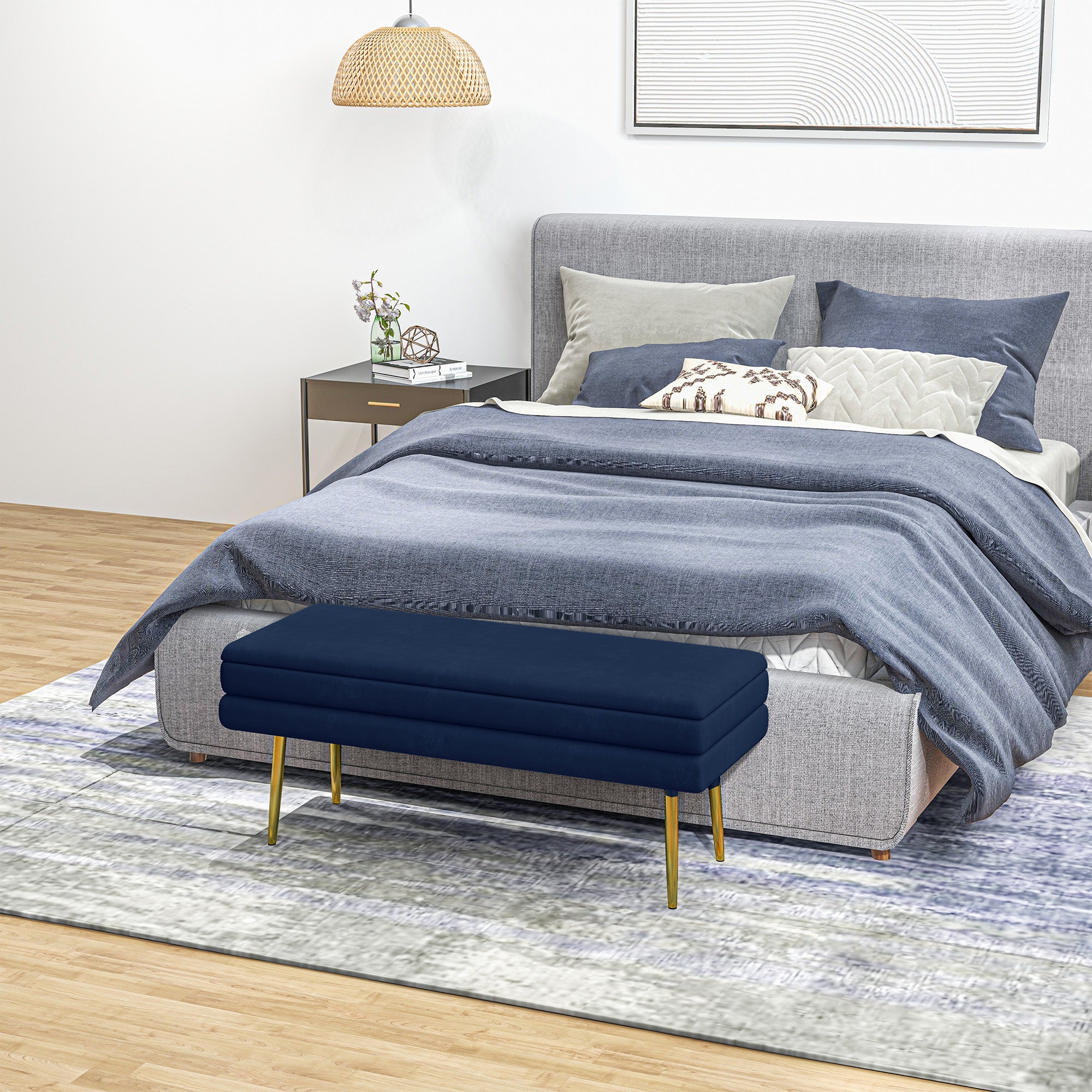 Storage Bench, Padded Bench with Storage Space, Velvet Look, Bed Bench with Steel Legs, Shoe Bench, Storage Bench for Living Room, Bedroom, Blue, 100 x 37.5 x 42 cm
