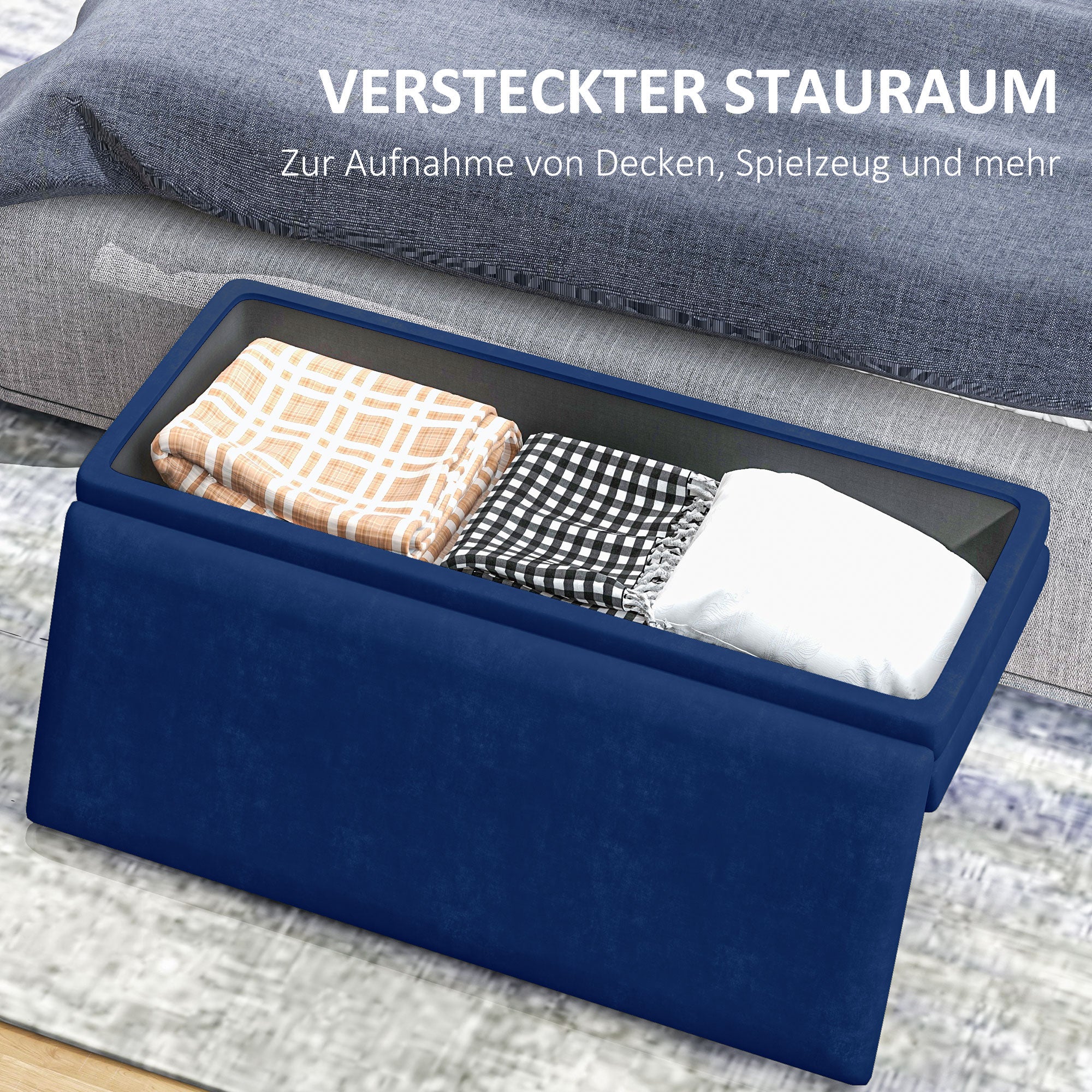 Storage Bench, Padded Bench with Storage Space, Velvet Look, Bed Bench with Steel Legs, Shoe Bench, Storage Bench for Living Room, Bedroom, Blue, 100 x 37.5 x 42 cm