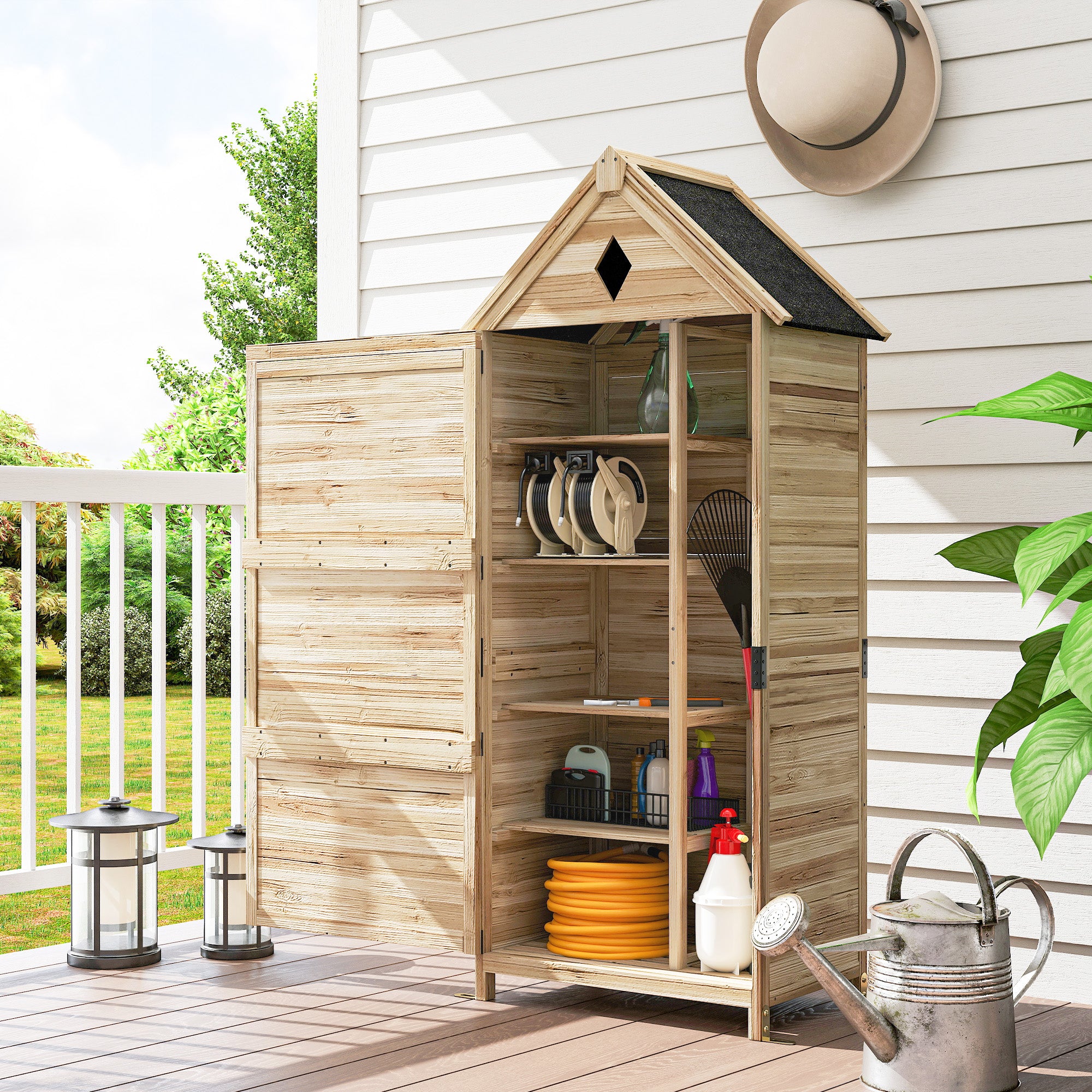 Wooden Garden Cabinet, Waterproof Tool Shed 80 x 49 x 170 cm, Weatherproof Tool House with Door, Gable Roof, Shelves, Tool Cabinet, Garden Shed for Garden, Lawn, Natural Wood